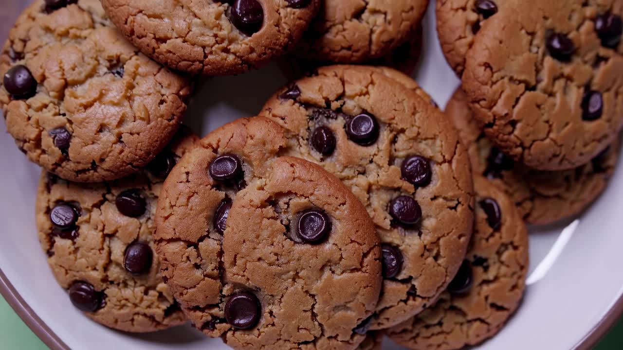 Top-down video shot of chocolate chip cookies on a green surface, showcasing a minimalist