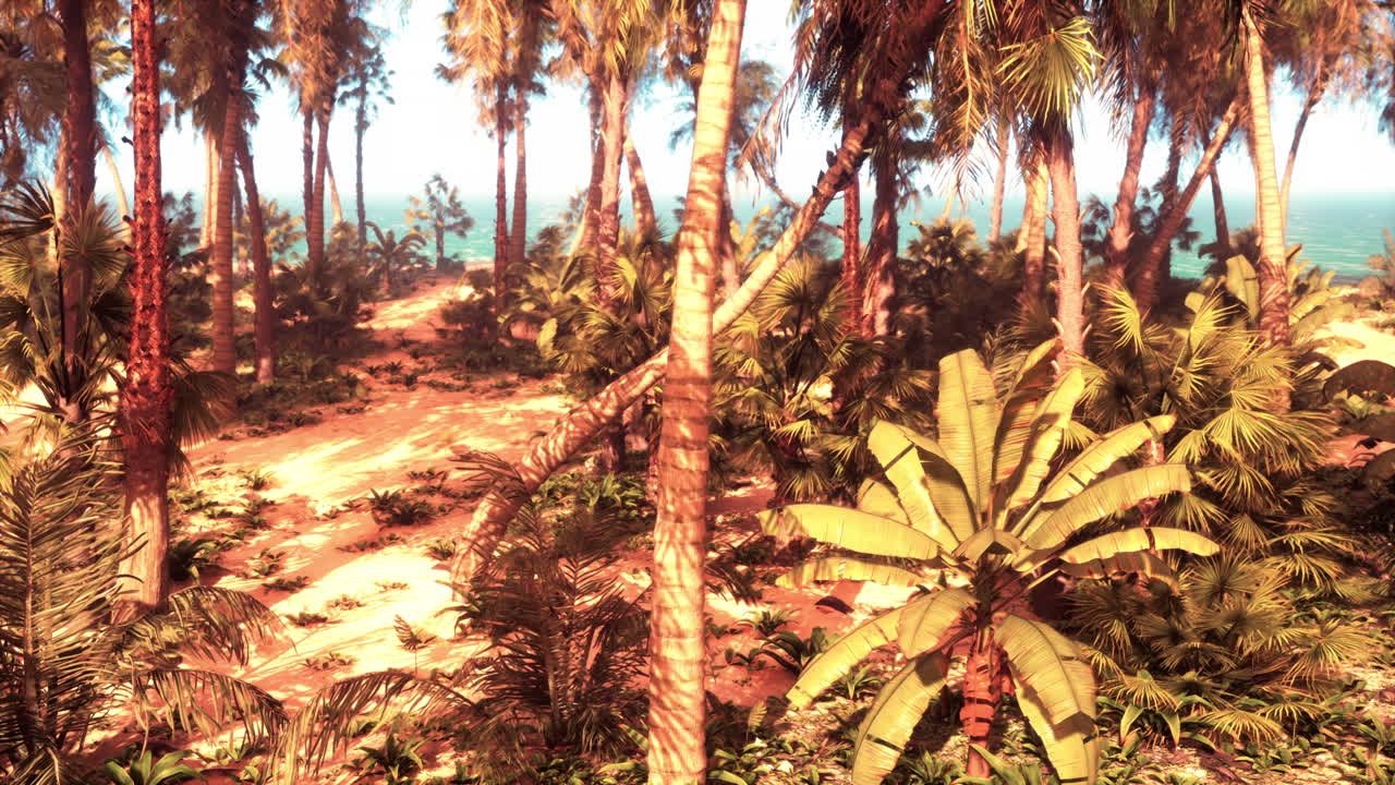 una vibrante pintura tropical con palmeras balanceándose en la brisa