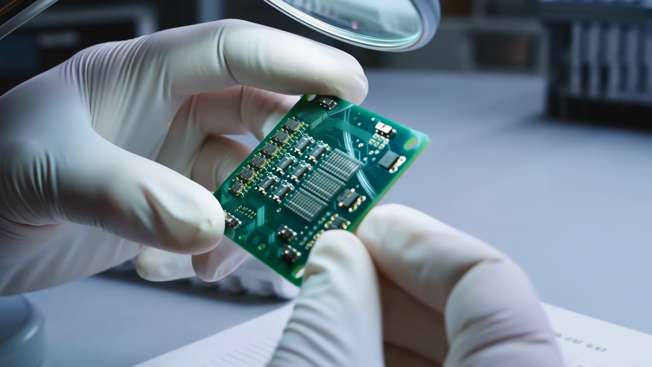 Gloved Hands Inspect Circuit Board Magnified Showing Technician Holding Green Printed Circuit With Microscope