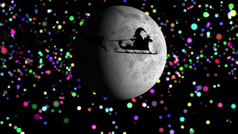 animación de santa claus en trineo con renos sobre la luna y manchas brillantes
