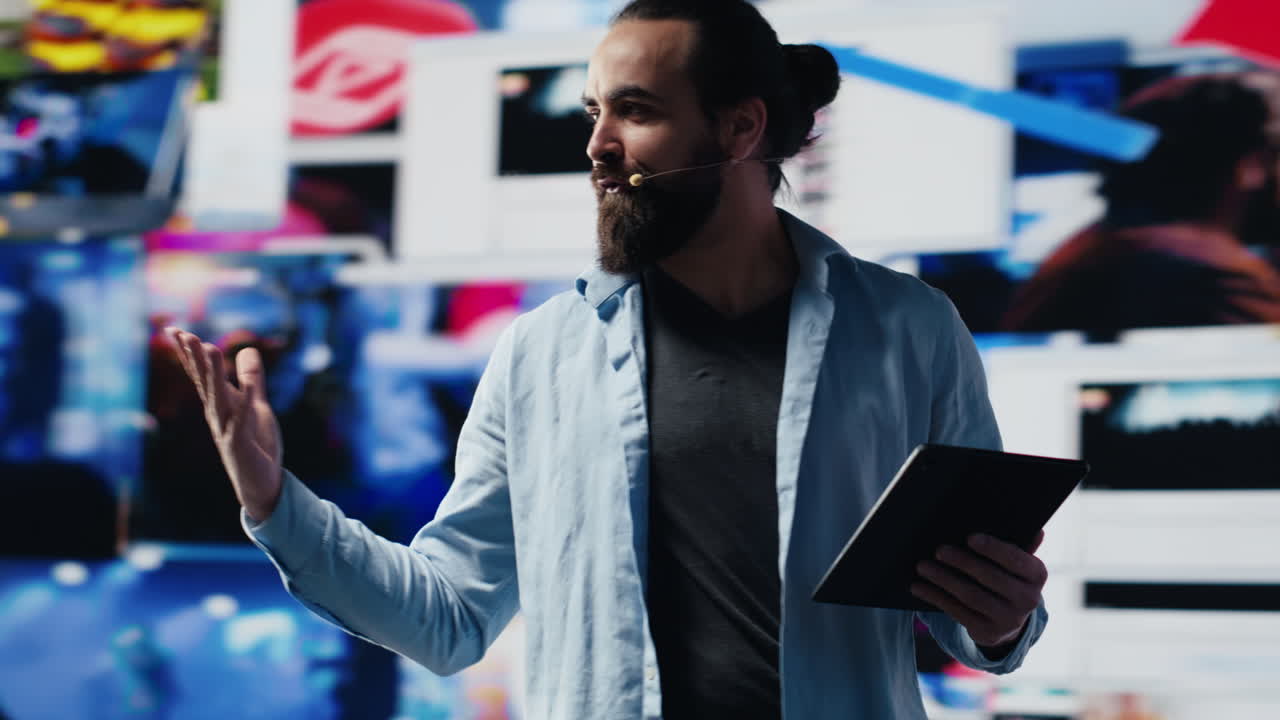 Male live presenter communicating to an audience about branding strategy