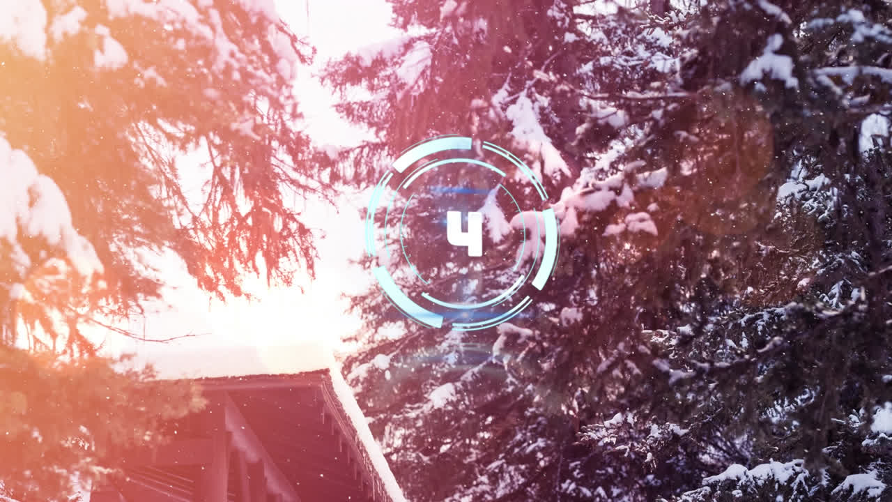 animación de la cuenta atrás sobre el bosque de invierno y la caída de nieve