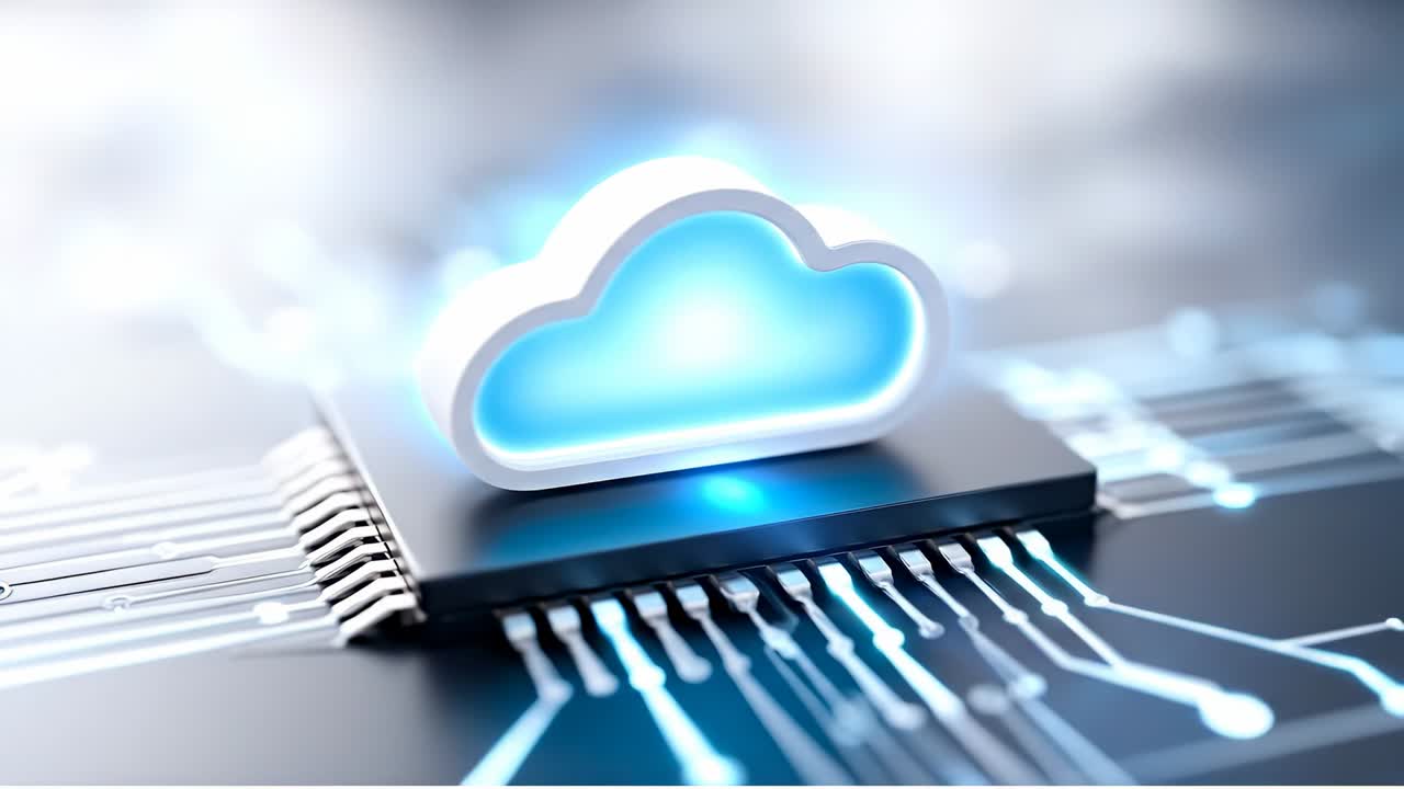 3D cloud icon symbol placed on a computer processor. Conceptual 3D cloud computing icon on top of a CPU with glowing blue circuit lines and hardware