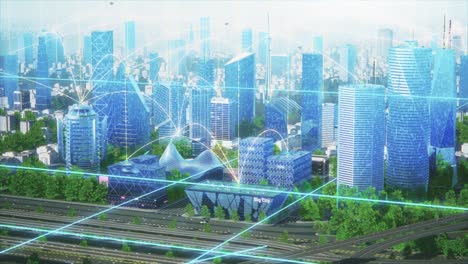 futuristic city concept. wide shot of an animated modern urban megapolis with rendered skyscrapers showing global big data connections, information flow and artificial intelligence technology.