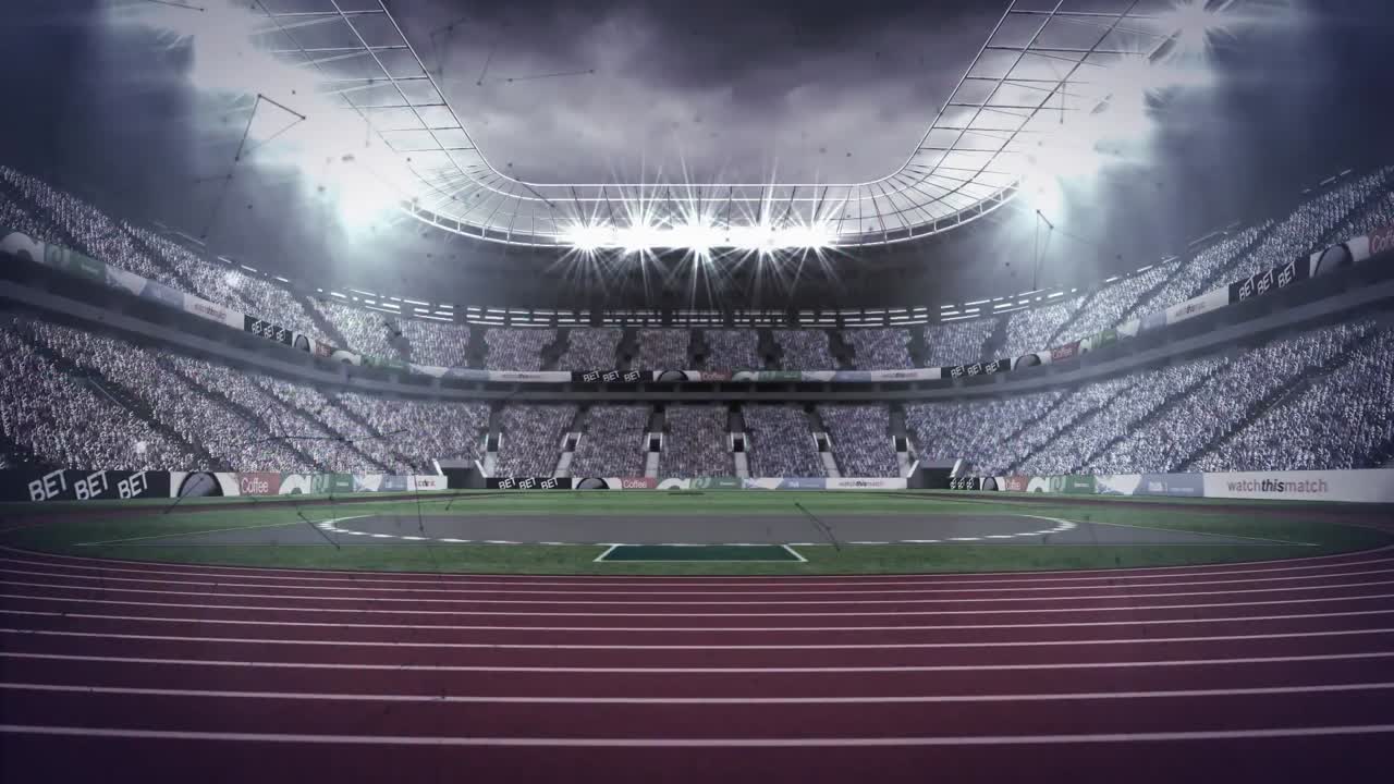 animación de redes de conexiones que giran sobre estadios deportivos