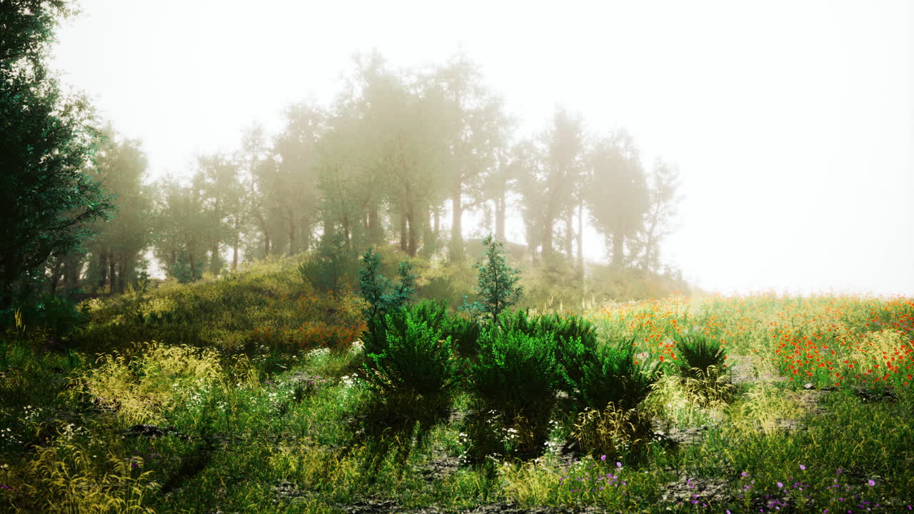 Misty morning in a vibrant meadow surrounded by trees and wildflowers