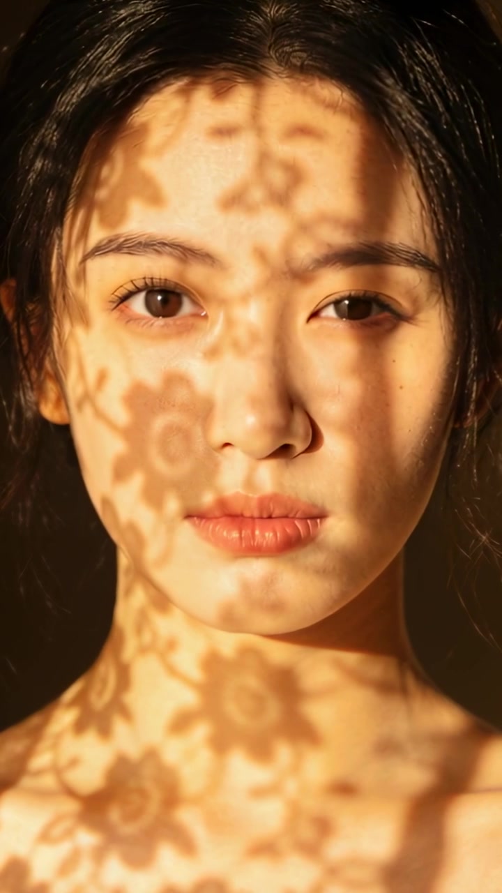 Vertical video: Modeling woman bare shoulders gazing in studio, warm light shifting lace shadow