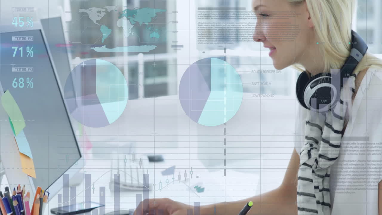 análisis de datos gráficos y gráficos animación sobre la mujer trabajando en la computadora portátil