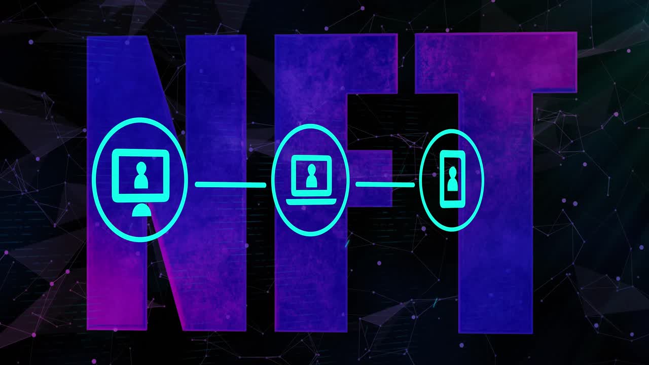 red de iconos de medios sobre texto nft y redes de comunicación sobre fondo negro