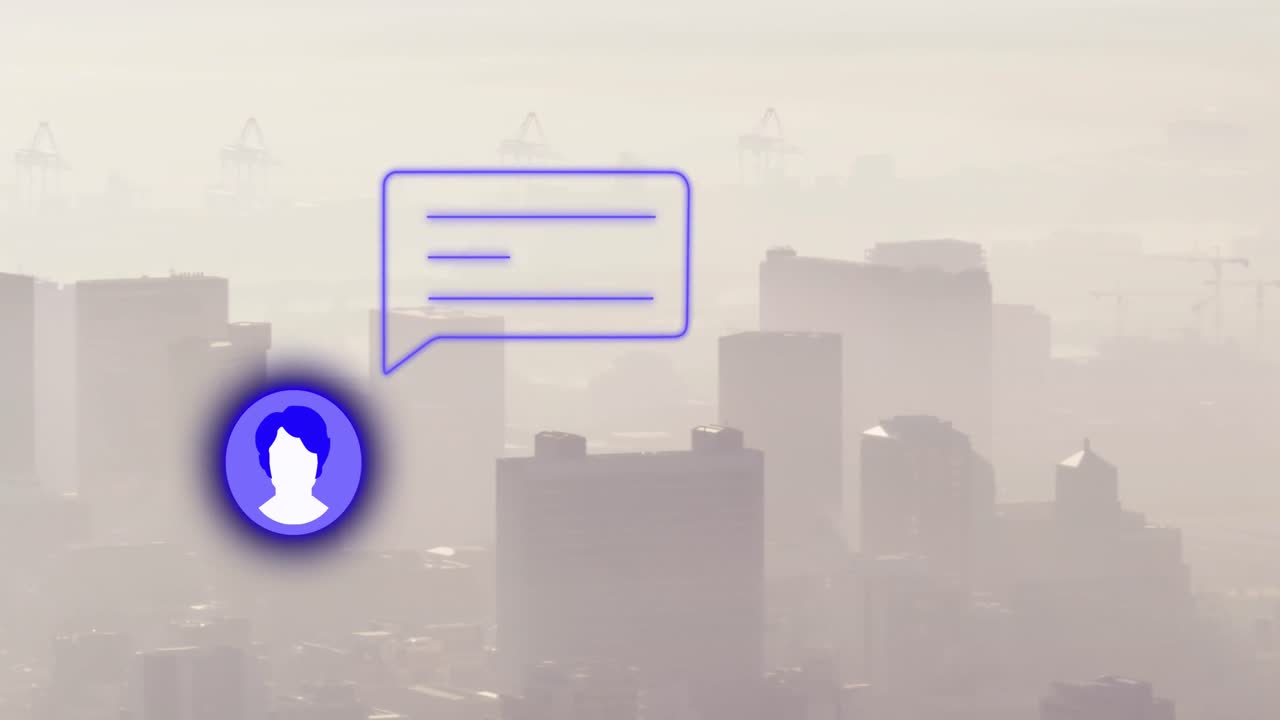 animación de iconos de redes sociales y procesamiento de datos sobre el paisaje urbano