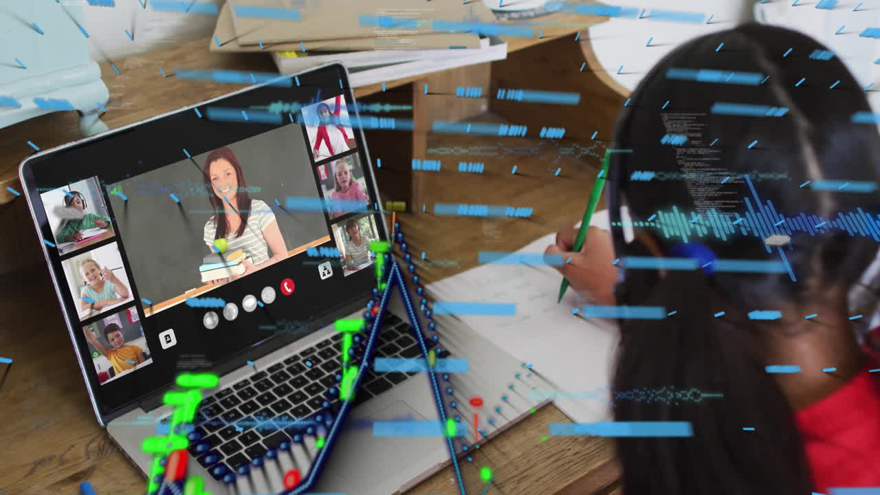 Participating in virtual meeting, person engaging with digital data processing overlay