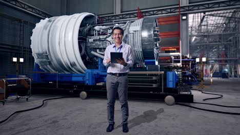 full body of an asian male worker with airplane engine maintenance conducted, analytics checking the turbine, typing on tablet's keyboard with green screen and look at the factory once