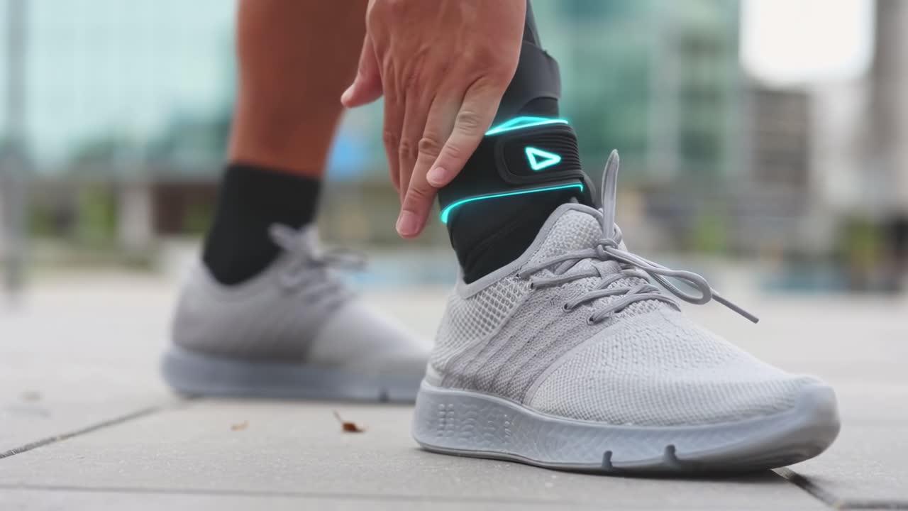 Low-angle video shot of a person adjusting a futuristic ankle device, showcasing tech style