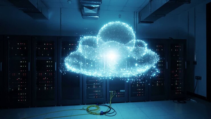 Sending signal hologram cloud forming raining showing data in server room near racks, coiled cords