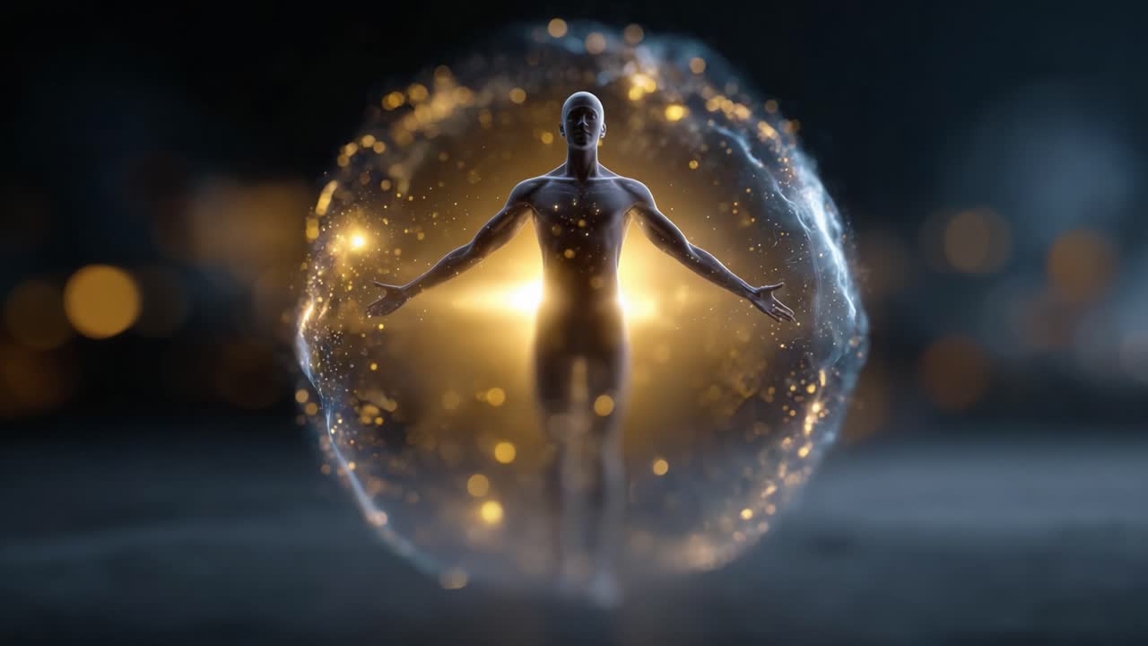 Illuminated Figure Enclosed in a Shimmering Sphere, Radiating Warm Light and Cosmic Energy, evoking a Sense of Wonder and Spiritual Essence