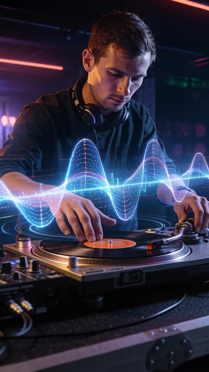 Video verticale: DJ uomo in maglia scura che si posiziona e inizia a fare scratching e mixare vinili a tempo, forma d'onda