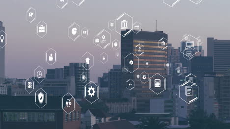 animación de iconos digitales y procesamiento de datos sobre el paisaje urbano