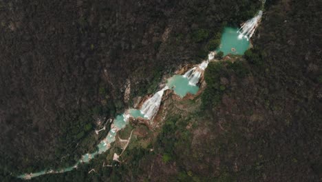 Drone-view-of-the-jungle-and-Beautiful-waterfalls-of-Chiflon-in-Chiapas,-Mexico