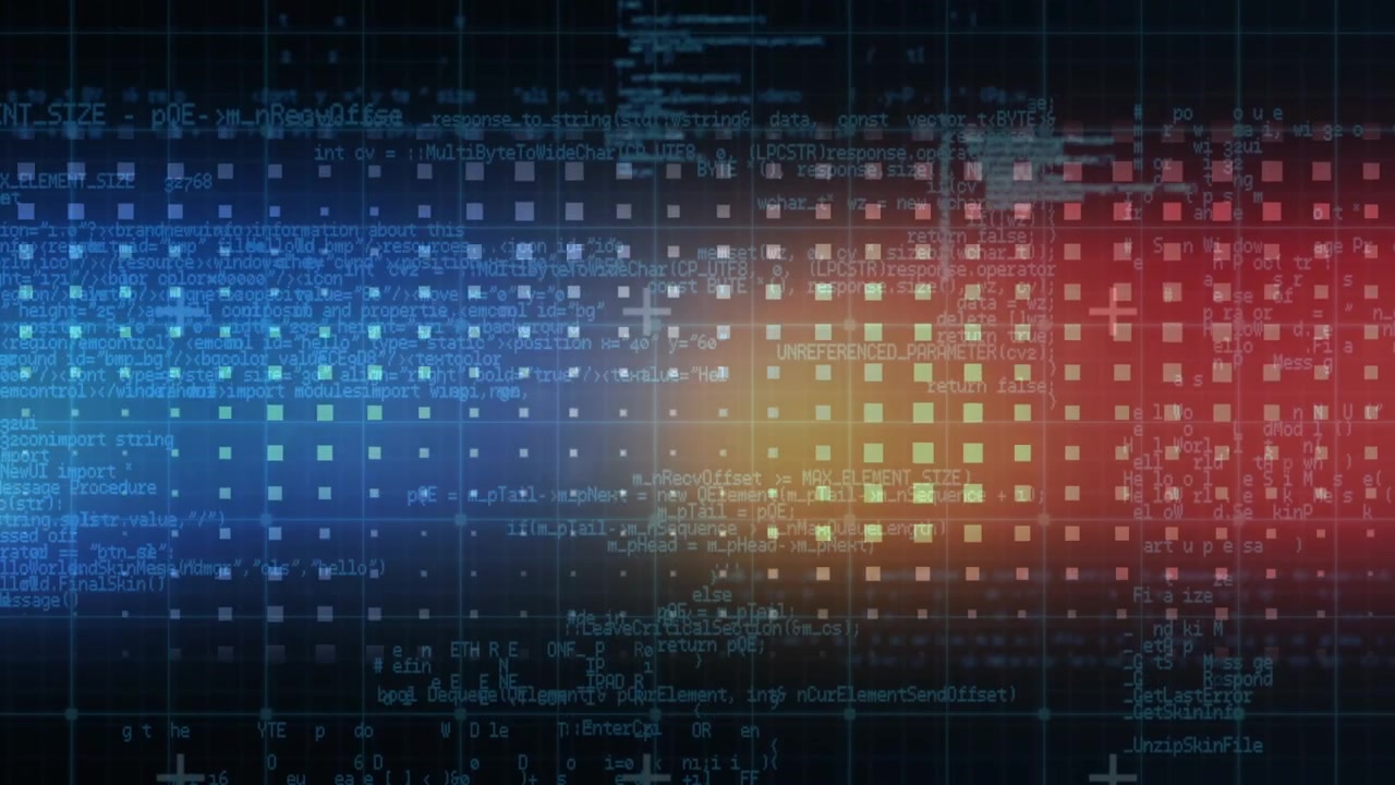 Animation of glowing data processing with markers over grid