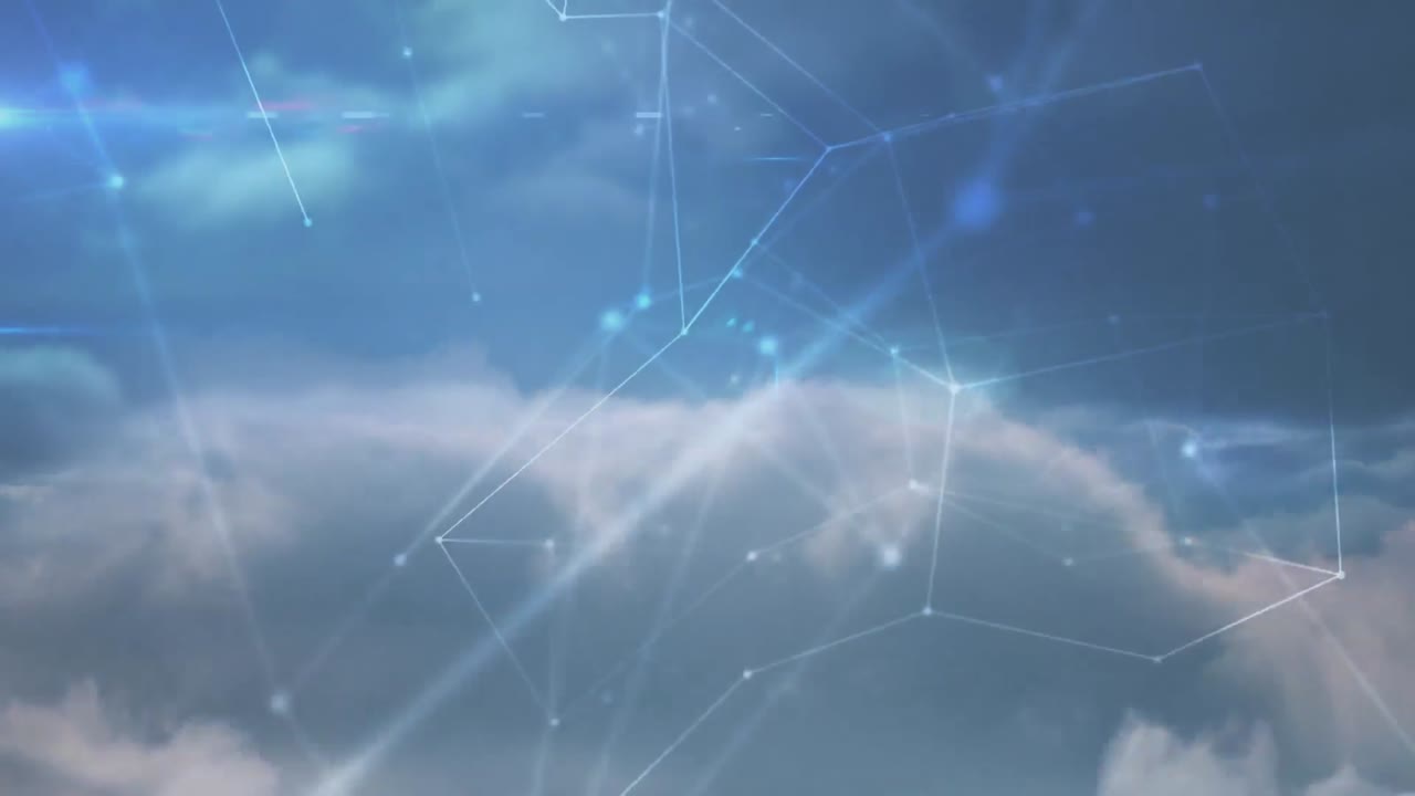 Network of connections spinning over clouds in the blue sky