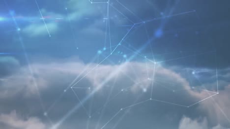red de conexiones que giran sobre nubes en el cielo azul