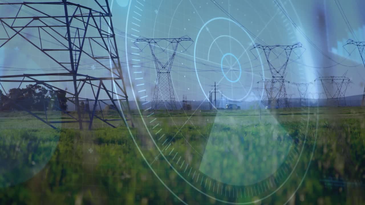 Una interfaz digital tenue que se desvanece activa gráficos HUD giratorios que escanean una torre, un prado y pilones.