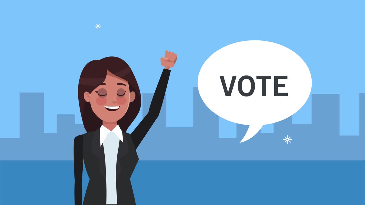 female candidate with speech bubble on the city
