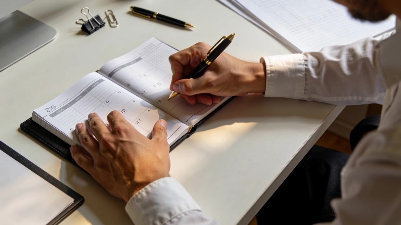 Ricerca tra le pagine dell'agenda per il layout settimanale, uomo in camicia bianca che scrive con una penna alla scrivania, spazio per il testo.