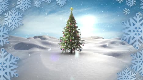 Multiple-snowflakes-icons-over-snow-falling-over-christmas-tree-on-winter-landscape