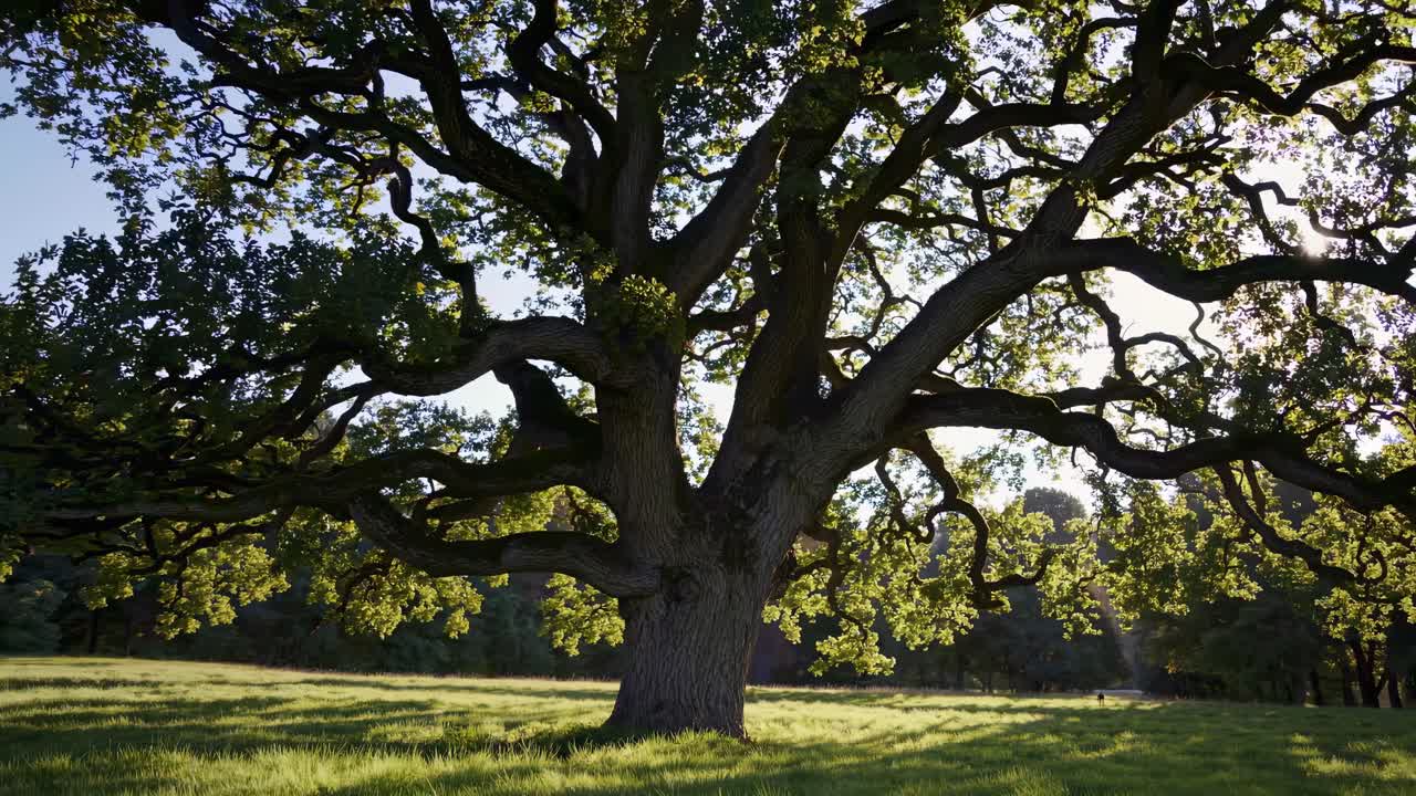 Low-angle video of a majestic oak tree in a sunlit meadow, capturing the intricate branches and lush