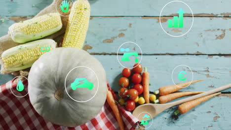 verduras frescas en mesa de madera con animación de iconos ecológicos