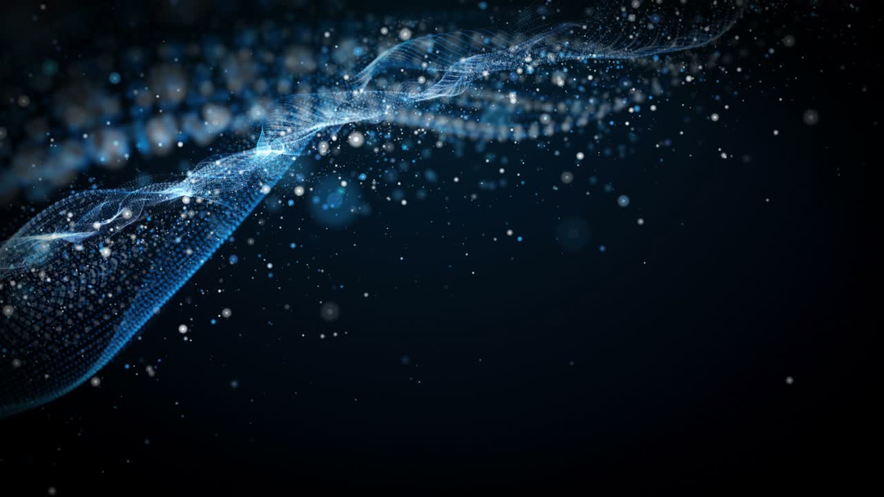 animación futurista con objeto de onda y partículas de brillo en cámara lenta, 4096x2304 bucle 4k