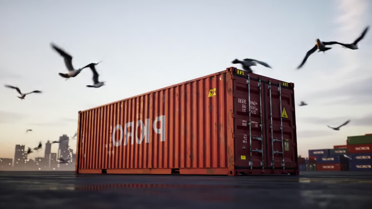 A vibrant scene showcasing a brightly colored shipping container at dusk, surrounded by flying birds and a blurred city skyline in the background, creating a dynamic urban environment