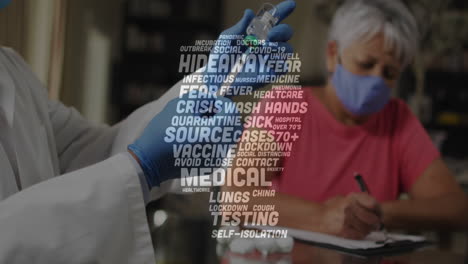animación del texto de covid 19 sobre un médico masculino preparando la vacunación usando una máscara facial