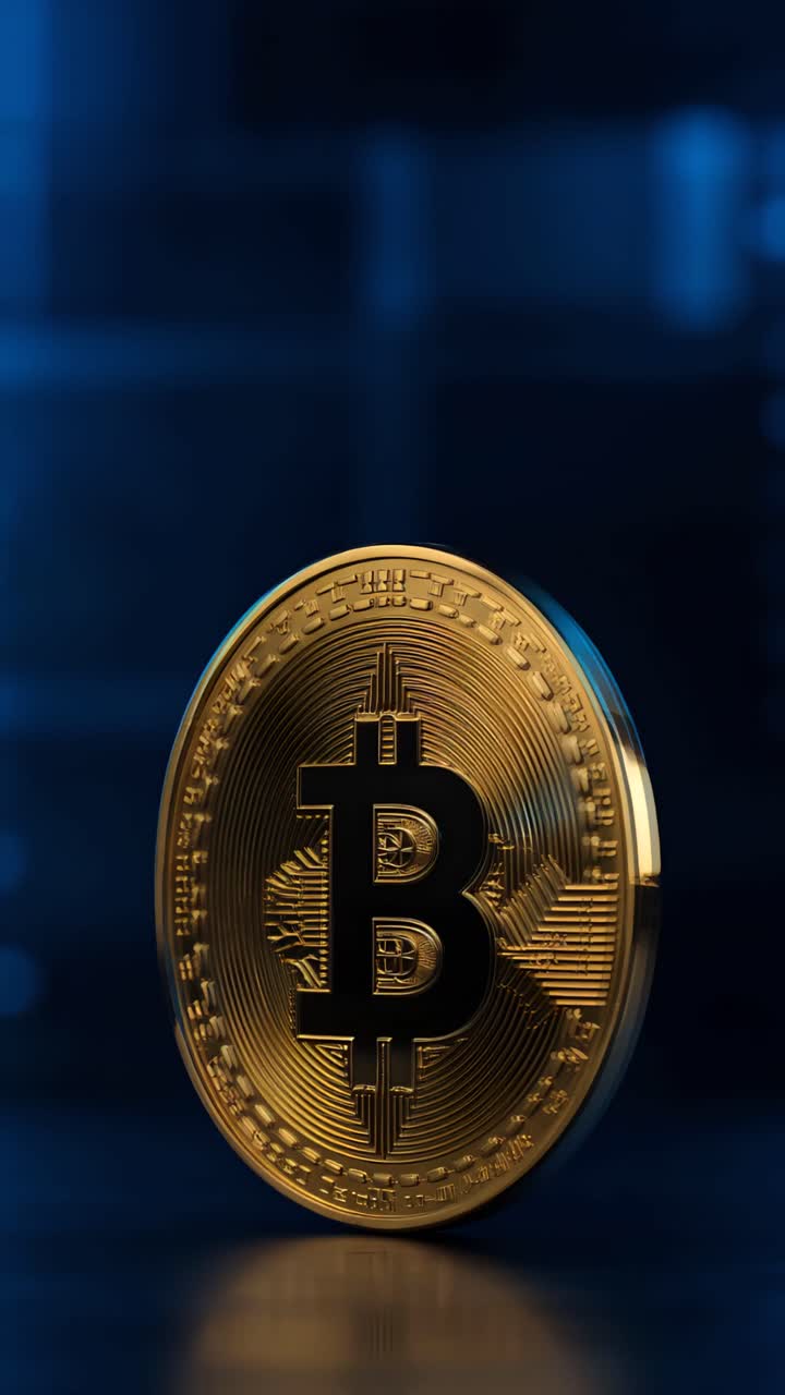 Animazione rotante di Bitcoin dorato su sfondo scuro, criptovaluta cinematografica 4K.