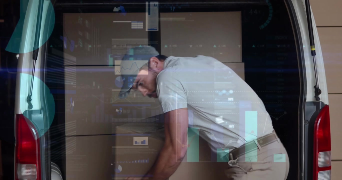 Animation of graphs and trading board over caucasian man unloading cardboard boxes from van