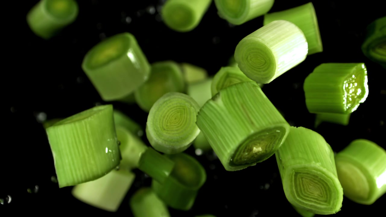 Fresh Chopped Leek Slices Flying in Super Slow Motion
