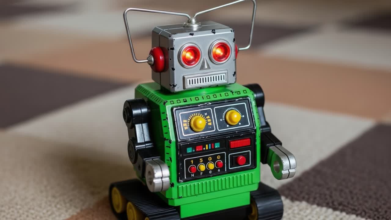A Charming Vintage Robot Toy with Bright Lights and Buttons, Showcasing Classic Design and Unique Features in a Cozy Setting