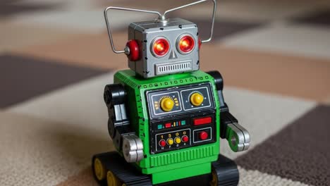 a charming vintage robot toy with bright lights and buttons, showcasing classic design and unique features in a cozy setting