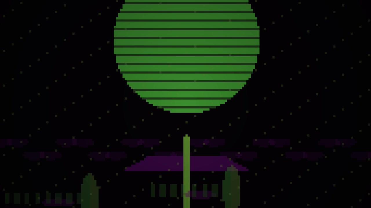 Paesaggio in pixel art retrò con sole verde pulsante