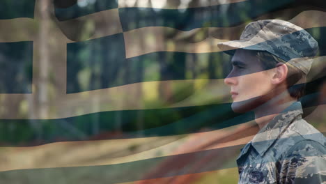 animación de la bandera de grecia sobre el saludo de un soldado caucásico