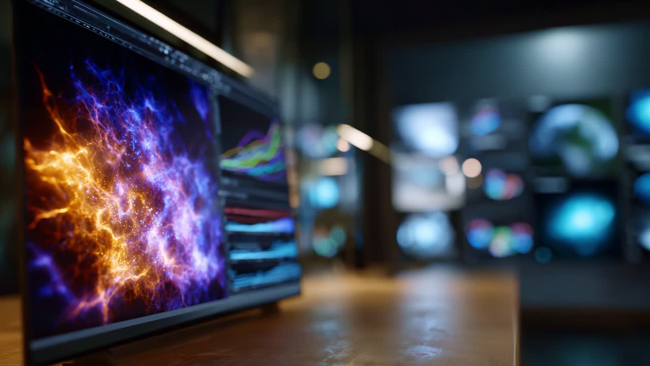 Vibrant Digital Abstract Display on Monitor Showcasing Colorful Patterns and Data Visualizations in a Modern Tech Environment