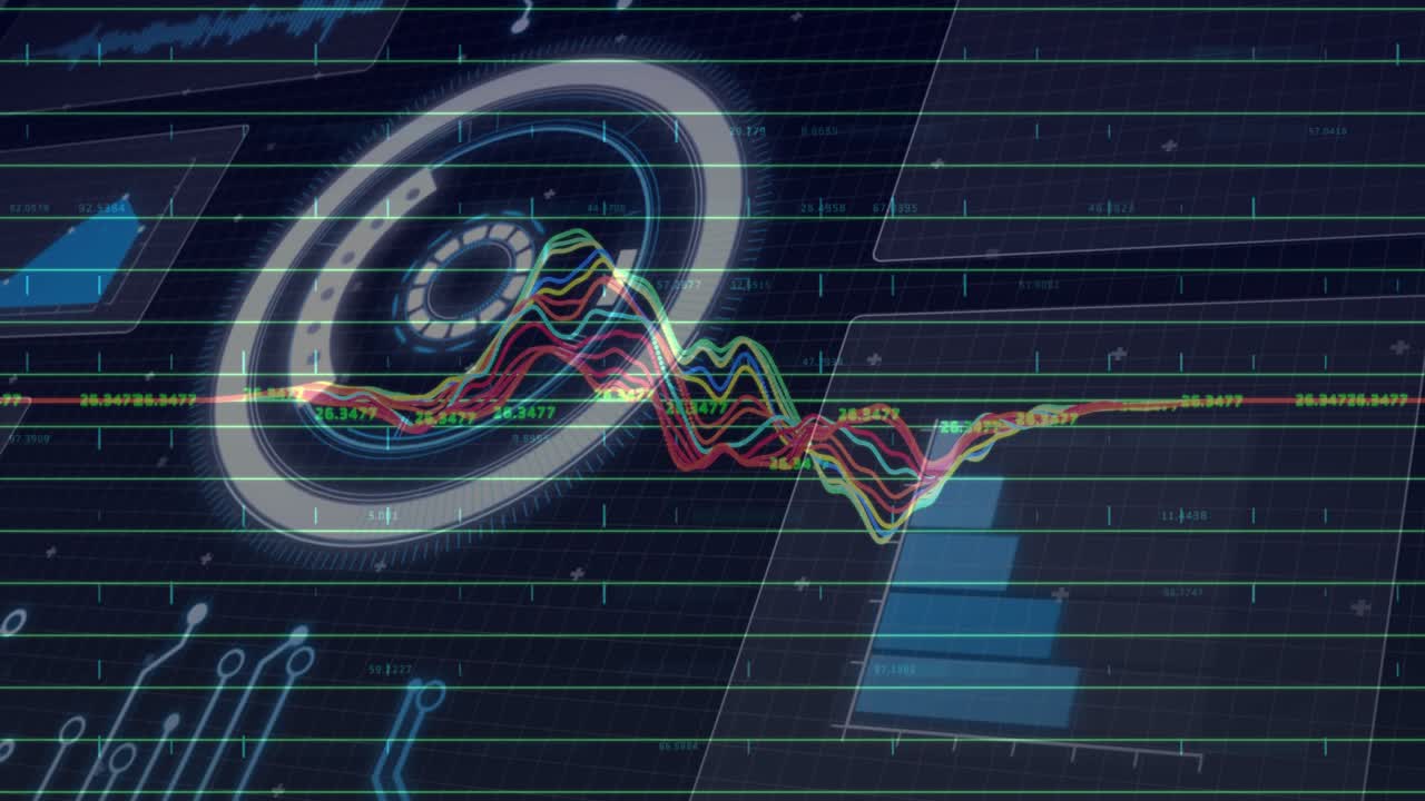 Colored lines materializing causing waveform crest surging disk pulsing charts updating data trends