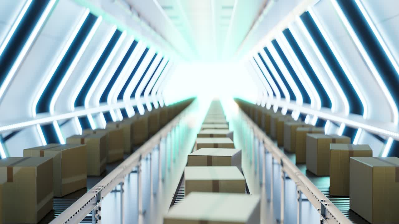 Carton boxes moving on conveyors at futuristic warehouse. 3d animation loop