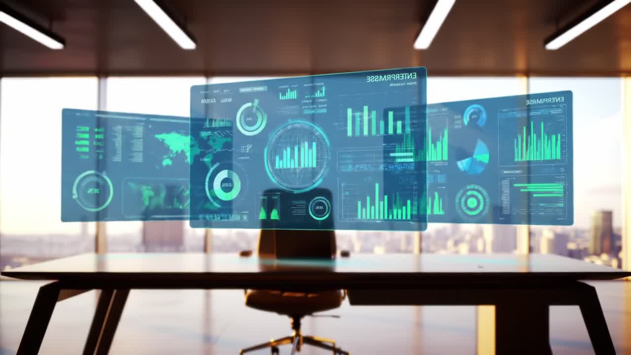 Advanced Digital Dashboard Displaying Real-Time Analytics and Data Visualizations in a Modern Office Environment with a Scenic Urban Background
