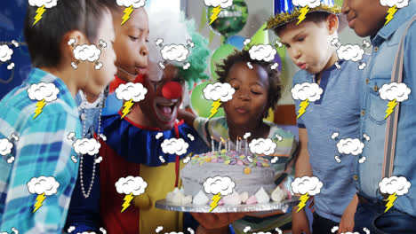 iconas de burbuja de habla y trueno contra niños soplando velas en una fiesta de cumpleaños