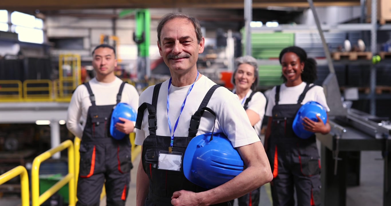 Equipo diverso de trabajadores industriales de pie en una fábrica