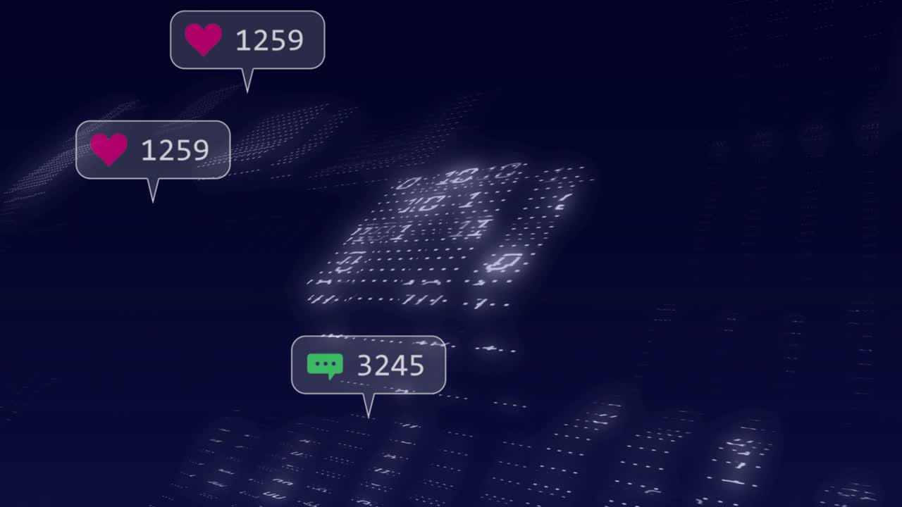 Rotating digital grid initiating floating notification icons updating engagement metrics and fading