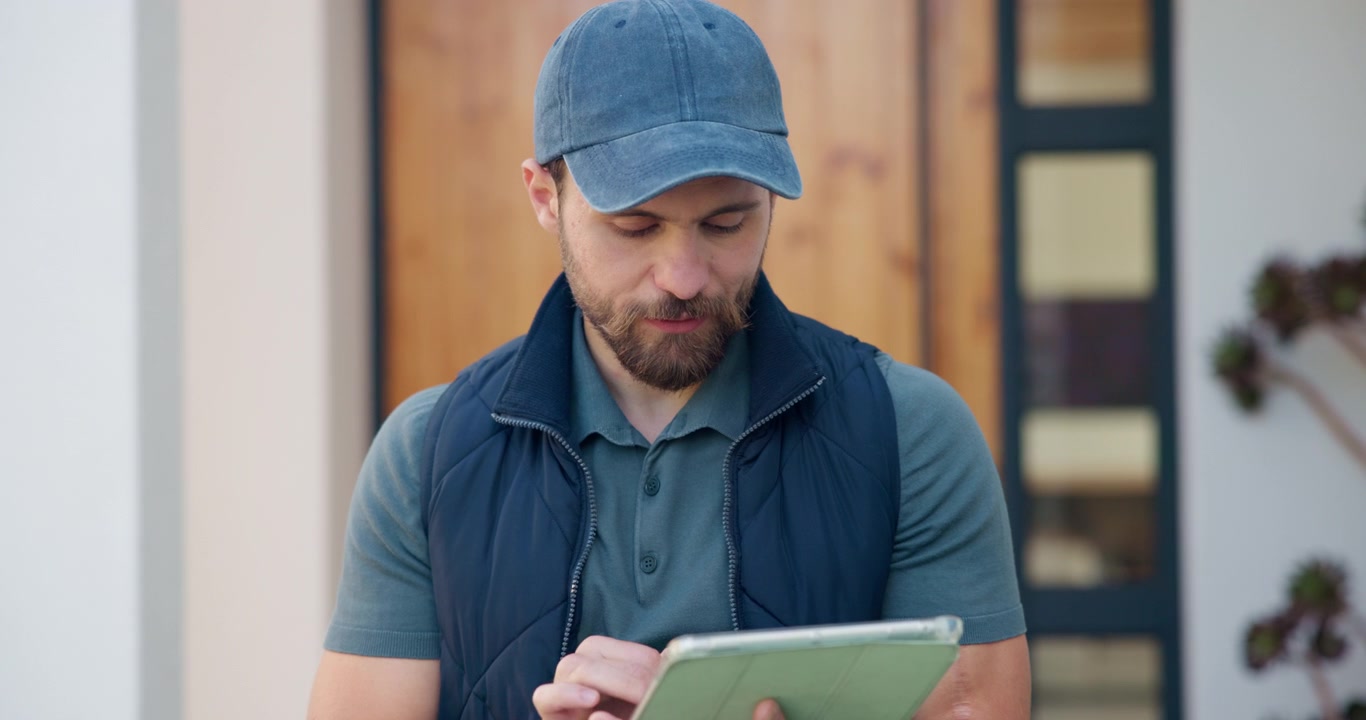 Delivery Worker Using Digital Tablet Outside Residential Home