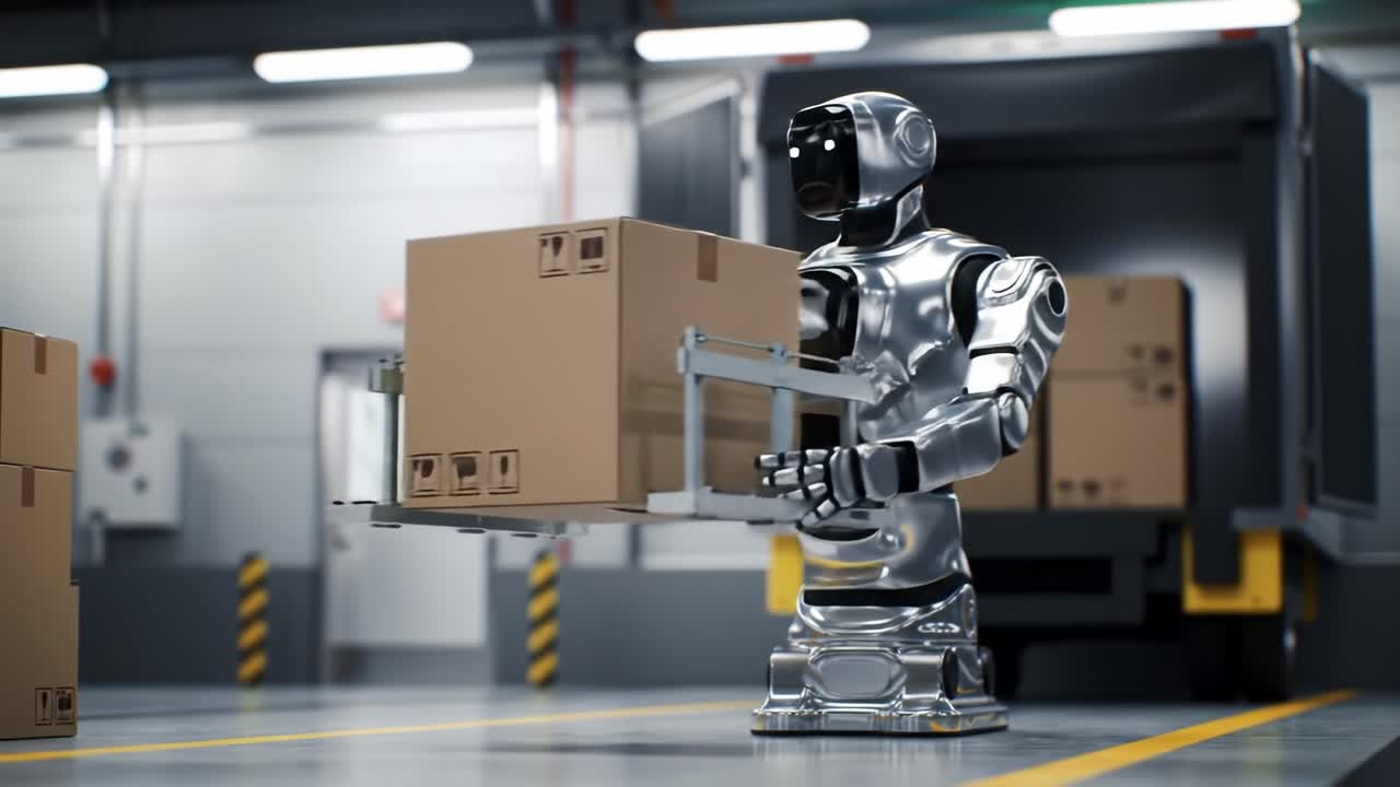 A Futuristic Robotic Arm in Action: Loading and Unloading Boxes Efficiently in a Modern Warehouse Setting with Advanced Automation Technology